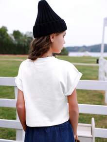 Ribbed Girls White Short Sleeve T-Shirt, Personalized Slogan Graphic T-Shirt, Custom Preppy Style Spring/Summer New Sports Tween Girl Clothing, Draping Soft Breathable Girls Short Sleeve Top - White - View 3