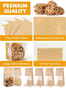 50pcs Window Baking Bags, 5.1x3.9x11 Inch Tin Tie Sealable Reusable Bags, Suitable For Packaging Bagels, Bread, Pastries, Coffee Beans, Fries, Baked Goods, For Bakery And Home Use - Kraft Paper Color - View 4