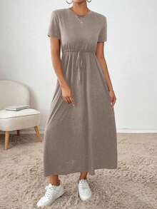Vestido midi con cordón en la cintura, bolsillo lateral, ropa de regreso a la escuela, ropa de mujer para otoño, atuendos de maestra, vestido de despedida de soltera, vestidos casuales de mujer, vestidos midi de mujer, vestidos de trabajo de mujer, vestidos de otoño para mujer, vestidos maxi de mujer, disfraz de Halloween, vestido casual de negocios, vestidos de verano para mujer - Marrón Mocha - Ver 4