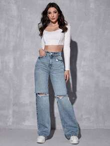 ICON Jeans desgarro de talle alto - Niebla azul - Ver 3
