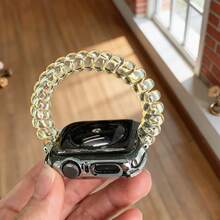 1件裝亮面純色捲曲電話線風格手錶錶帶，相容於Apple Watch，適用於女性 - 黃色 - 查看 4
