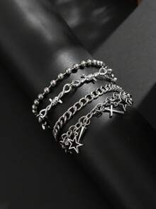 Set de 4 piezas Pulsera de cadena con cuentas y colgantes de estrella de cinco puntas hueca y remaches, estilo punk metálico para hombres - Plateado - Ver 5