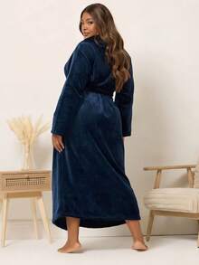 1pc/Plus Size Women's Pajamas Lingerie, A Fashionable Thick Flannel Bathrobe With Pockets, Waist Tie And Folded Collar, Soft And Comfortable, Suitable For Daily Wear - Navy Blue - View 7