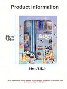 Bluey 6件套布鲁伊家庭宾果朋友文具套装（包括钢笔、尺子、卷笔刀、橡皮和笔记本），布鲁伊便携式文具套装礼盒，可爱卡通风格，派对小礼物，实用办公桌配件，理想的返校礼物，生日礼物，派对小礼物和奖励奖品，节日和派对用品 - A - 查看 6