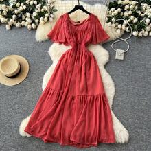 Vestido de Chifón con Lentejuelas y Cuello Cuadrado Retro, Manga Corta, Cintura Ajustada, Estilo Coreano, Falda Larga Drapead... - Rojo - Ver 2
