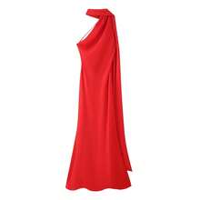 Vestido largo elegante de satén de seda suave para mujer, vestido largo sin mangas con cuello Halter y espalda descubierta, vestidos de con cinta larga para verano - Rojo - Ver 4
