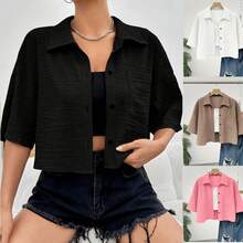 Nueva camisa de mujer con botones y bolsillos de color sólido, estilo corto con mangas medianas. - rosa - Ver 4