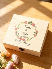 1pc Custom Wedding Memory Box, Personalized Couple Name & Date Wooden Keepsake Box With Floral Wreath Design, Ideal For Storing Wedding Cards - Multicolor - View 8