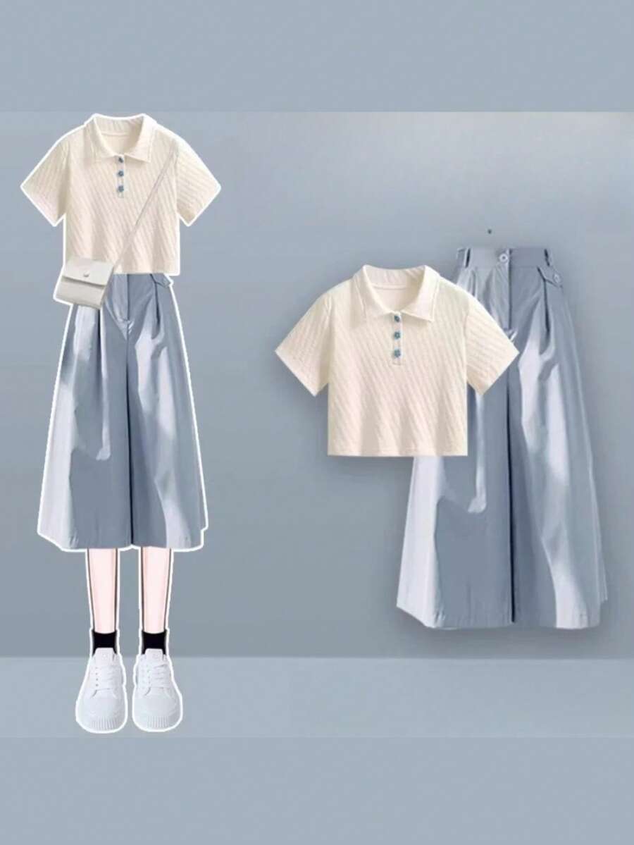Women Two-Piece Outfits - Apricot Short-sleeved Top + Blue Culottes - View 1