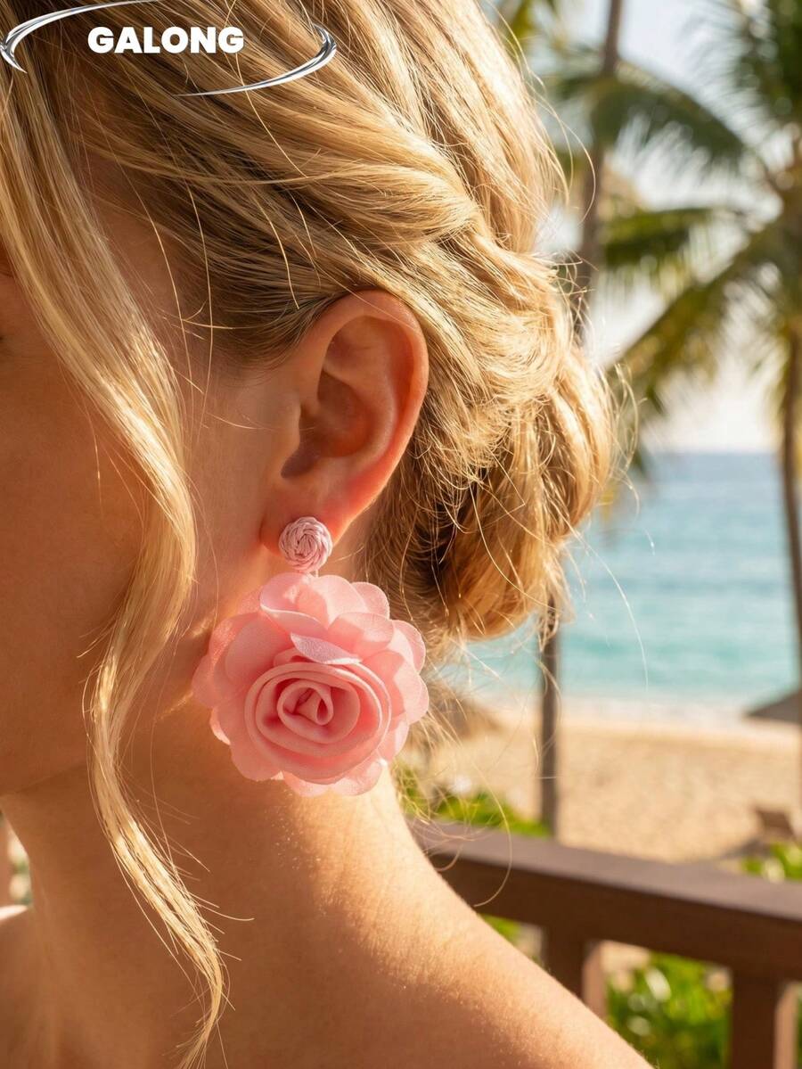 Pendientes florales 3D oversize para mujer, pendientes de estilo de playa exagerado Y2K, verano - Rosa Pálido - Ver 1