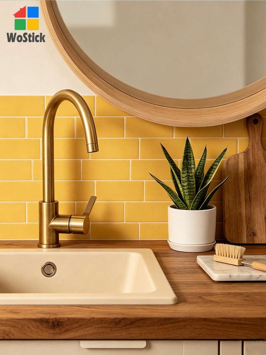 WoStick Bright Yellow Waterproof Brick Pattern 3D Textured Wall Panels, Removable Self-Adhesive Wall Tile Stickers, Suitable For Kitchen Backsplash, Bathroom, And Holiday Decor