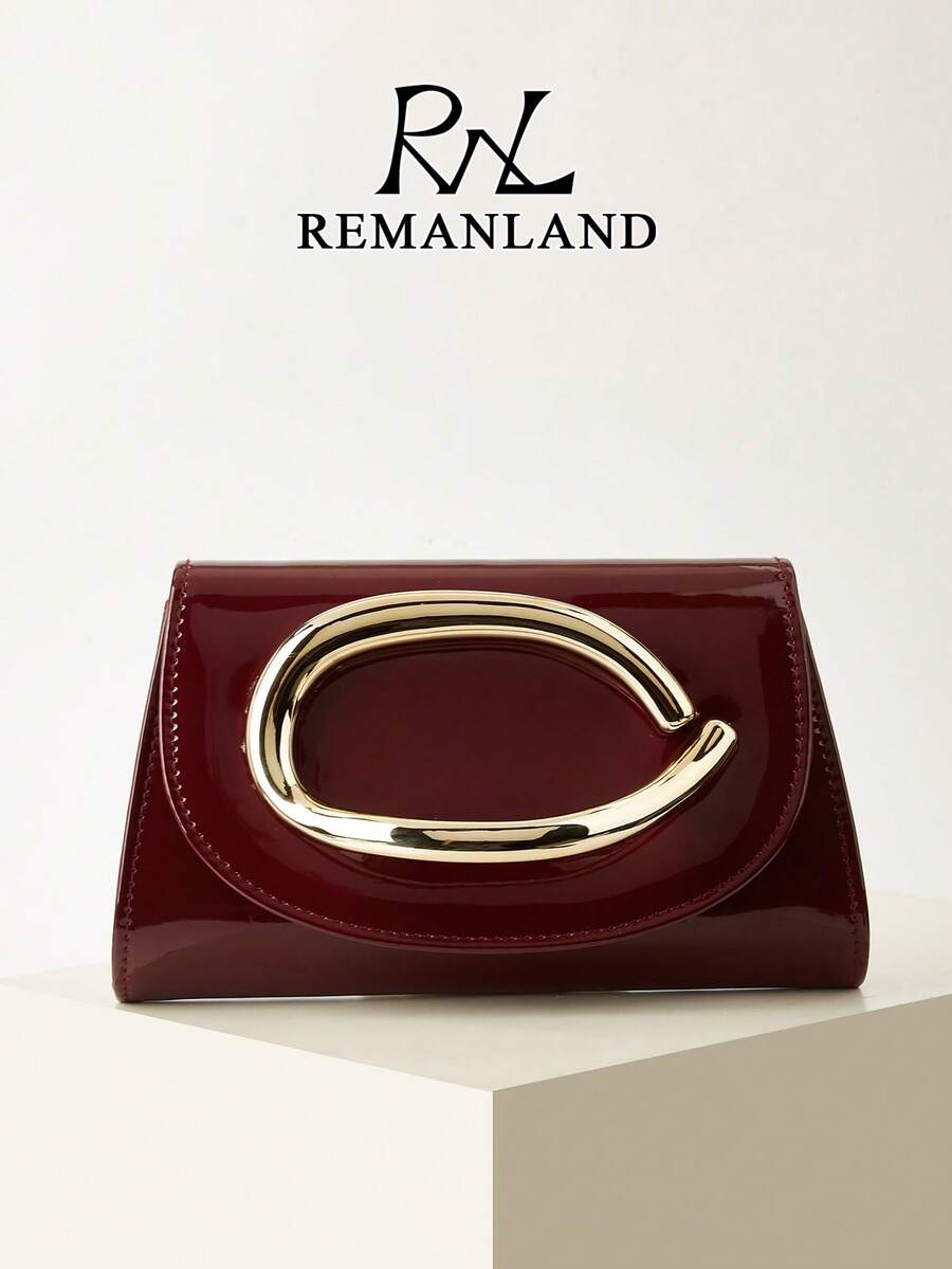REMANLAND Charming Large Capacity Evening Clutch, Sparkling Chain Shoulder Strap, Luxurious Patent Leather Solid Color Wedding Party Handbag, Purse, Stylish - Burgundy - View 1