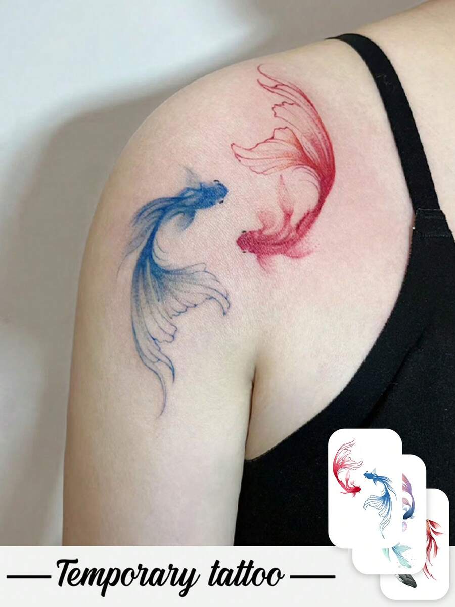 3 Pieces Of Chinese Ink Wash Multi-Color Koi Fish Combination Vertical Temporary Tattoos, With Realistic Tattoo Design. Suitable For Travel, Music Festivals, Games, Graduation Gifts. Lasts For 3-5 Days. - Multicolor - View 1