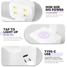 Peacecolor Mini Nail Lamp USB LED Light Fast Dry Portable Travel Nail Dryer For Gel Nail Polish For Summer Vacation Home Manicure Gift - White - View 7