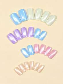 Press On Nails Medium-Long Round-Tip Nails Fake Nails Dreamy Rainbow Aurora False Nails Laser Glossy Full Cover Stick On Nail Reusable Artificial Glue On Nails For Women Manicure 24Pcs - Multicolor - View 3