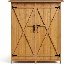 Cabinete de herramientas de jardín de madera con 2 estantes y puertas cerrables - armario de almacenamiento al aire libre impermeable con piso para patio, patio trasero, cubierta - Roble natural - Ver 4