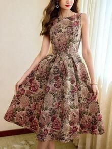 xheVintamour Vestido de mujer elegante y clásico vintage, vestido ajustado de jacquard para primavera/verano, vestido de escote barco, vestido floral rosa sobre base albaricoque, vestido rosa, vestido de vuelo de longitud mediaxhe - Rosa vieja - Ver 4