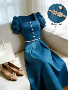 Vestido largo de mujer talla de unicolor elegante con botón decorativo y cinturón de metal para la cintura, primavera/verano - Azul - Ver 4