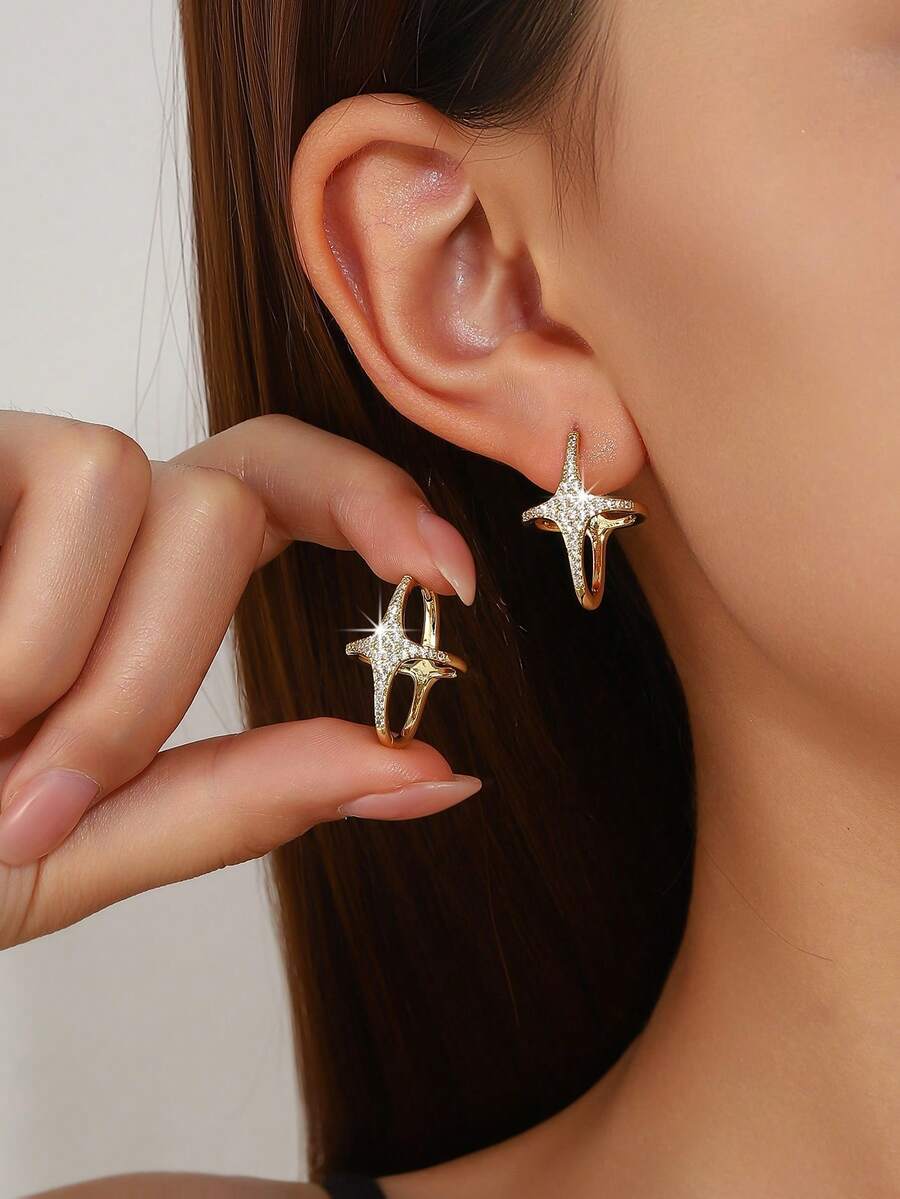 1 Pair Minimalist Design Fashionable Elegant Four-Pointed Star Hoop Earrings, Versatile Commuter Earrings For Women & Girls, Daily Wear - Multicolor - View 1