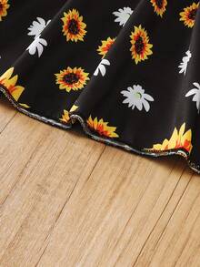Girls' Summer Solid Color Patchwork Daisy Print Button Decor Casual Dress, Youthful And Stylish Girl Outfit - Black - View 4