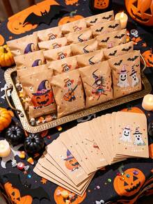 1 Set Halloween Paper Gift Envelopes, 4 Cute Designs Including Pumpkin, Witch, And Skeleton Bone Prints, Kraft Paper Bags, Candy Bags, Snack Bags, Party Favor Bags, Halloween Party Decorations, Holiday Atmosphere Props - Halloween Pumpkin - View 3