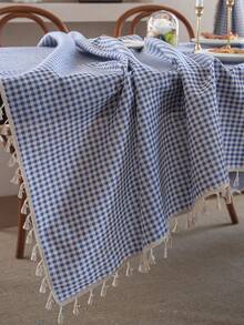Tokoto Blue Gingham Tablecloth With Tassel Fringe, Farmhouse Cotton Linen Table Cover For Dining Table, Nightstand & Coffee Table Decor, Rustic Boho Plaid Style - Blue - View 8