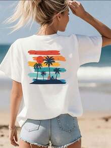 Casual White Cotton T-Shirt With Back Graphic, Matching For Couples, Soft And Comfortable For Beach And Outdoor Activities, Available In Sizes S To -Tee - White - View 4