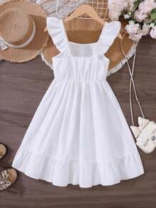 Tween Girls White Ruffle Hem Splice Elegant Dress, Spring/Summer - White - View 2