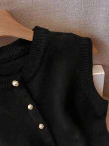 Chaleco de punto elegante y versátil con botones delanteros, estilo elegante y minimalista de moda francesa para mujer - Negro - Ver 7