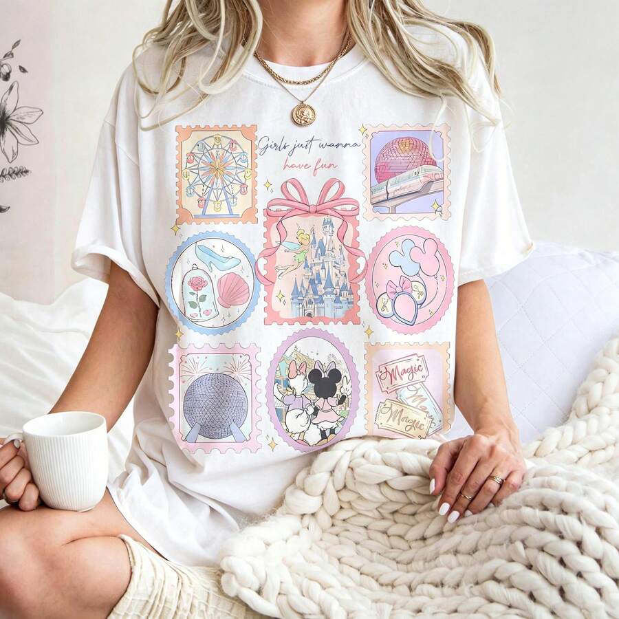 Disney "Girls Just Wanna Have Fun" Castle Vacation Oversized T-Shirt Unisex, 100% Cotton Vintage Short Sleeve Casual Top, Minnie & Daisy Best Friends Graphic Print Tee - trắng - Xem 1