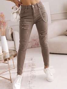 Pantaloni boyfriend in denim da donna con fori a catena, casual, da tutti i giorni, strappati - colore granata - Visualizzare 1
