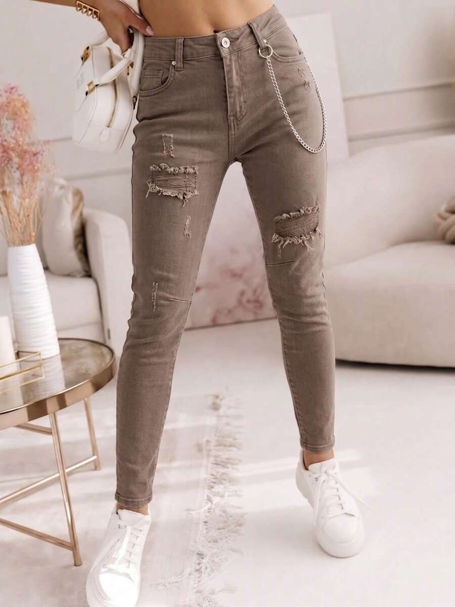 Pantaloni boyfriend in denim da donna con fori a catena, casual, da tutti i giorni, strappati - colore granata - Visualizzare 1