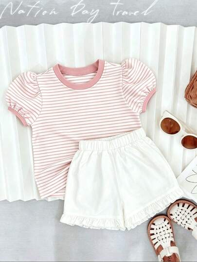 (1 Set) 4-7Y Young GirlStriped Lantern Sleeve Summer Fashion Girls T-Shirt Top Solid Color Lace Shorts Set