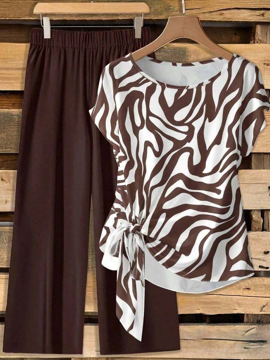 Clasi Conjunto de 2 piezas de camisa de manga corta holgada con lazo y pantalones rectos holgados, de estilo vintage elegante y versátil, con estampado floral azul sobre base blanca, adecuado para otoño/invierno, cómodo y cálido - Multicolor 7 - Ver 1