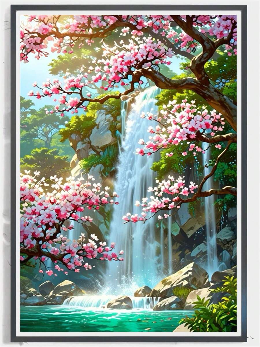 1件鑽石畫套裝 - 花卉瀑布風景主題全鑽圓鑽，適合初學者，完美用於居家與辦公室裝飾，絕佳節日禮物