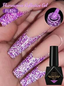 FOUR LILY 1 Bottle Purple Fluorescent Reflective Glitter Gel Nail Polish, 10ml Fluorescent Shiny Sequin Dark Laser Gel Nail Polish, Suitable For Summer Nails, Semi-Permanent Soak-Off UV Gel Nail Polish, Nail Art DIY For Home And Nail Salon - 紫色 - 查看 1