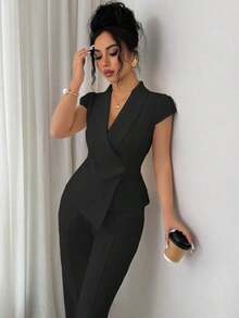 Conjunto casual y elegante de 2 piezas para mujer, con cuello cruzado asimétrico, mangas abullonadas, cintura ceñida, blusa con bajo en línea A y pantalones de cintura elástica, adecuado para ir a trabajar, vacaciones, tomar el té por la tarde, fi - Negro - Ver 5