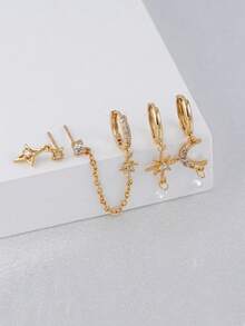 4pcs Cubic Zirconia Earring Set, Star & Moon Chain Clip-On Stud Dangle Earrings, Suitable For Women's Daily, Date, Party Wear - Yellow Gold - View 2