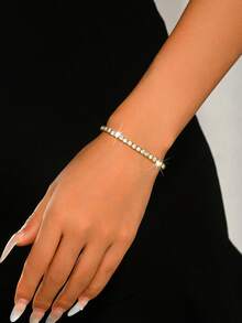 1pc 4-Row/3-Row/2-Row/1-Row Crystal Tennis Bracelet, Shiny Elastic Bangle, Crystal Sparkling Wristband, Wedding Bridal Jewelry, Valentine's Day Gift - Gold - View 7
