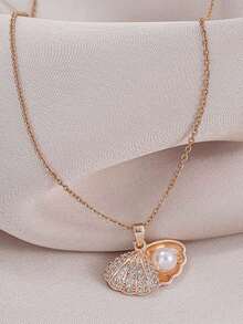 1 Piece Stainless Steel Micro-Inset Shell Faux Pearl Pendant Necklace Chain - Rose Gold - View 2