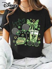 Disney Official Authorization | Women's St. Patrick's Day-Themed Short-Sleeve T-Shirt, Featuring The Fun Slogan "Literally Just A Lucky Girl," Paired With Mickey Mouse Elements And Clover Prints, And Incorporating Lucky Symbols Like Green Bows, Park Luck Tickets, And Gold Coin Pots To Create A Full Festive Atmosphere. Made Of Opaque Fabric, It Is Machine Washable, Suitable For Park Visits And Daily Casual Wear, Making It An Eye-Catching Piece For Holiday Outfits. - màu đen - Xem 6
