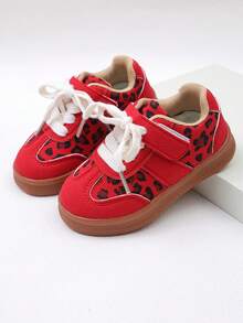 1 par de zapatos deportivos de moda rojos para niños, zapatos de niña con estampado de leopardo, ligeros y cómodos con suela blanda, adecuados para actividades escolares, viajes, deportes al aire libre, uso diario y reuniones casuales - Rojo - Ver 2