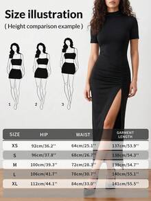 Đầm maxi ôm sát dáng dài tay ngắn cổ đứng xếp ly xẻ cao màu trơn dành cho nữ EARO mùa xuân/hè, đầm dự tiệc màu đen thanh lịch - màu đen - Xem 7