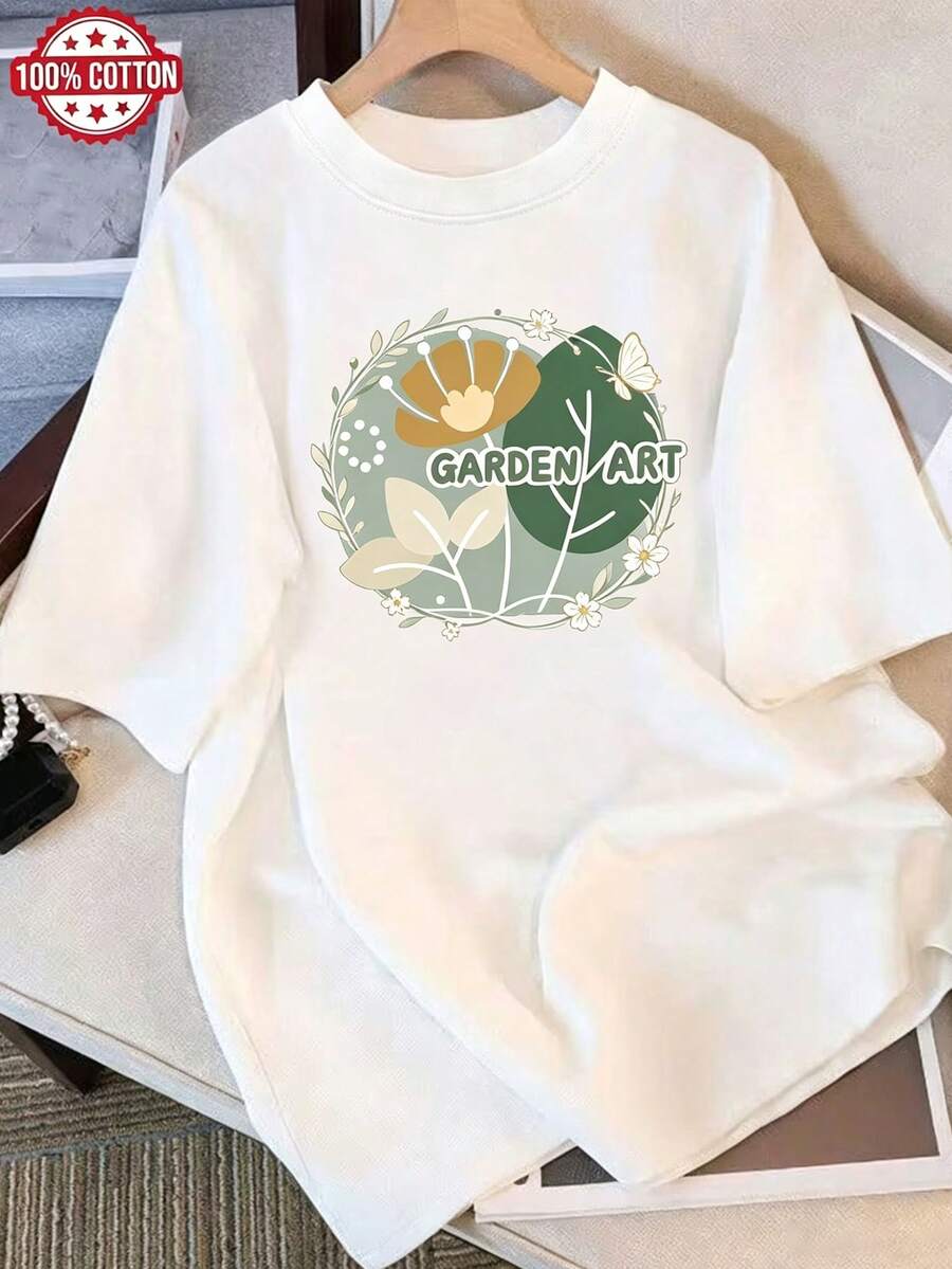 Fashionable Short-Sleeved T-Shirt, Pink Letter-Printed Casual Women's 100% Cotton Top, Women's Clothing - White - View 1