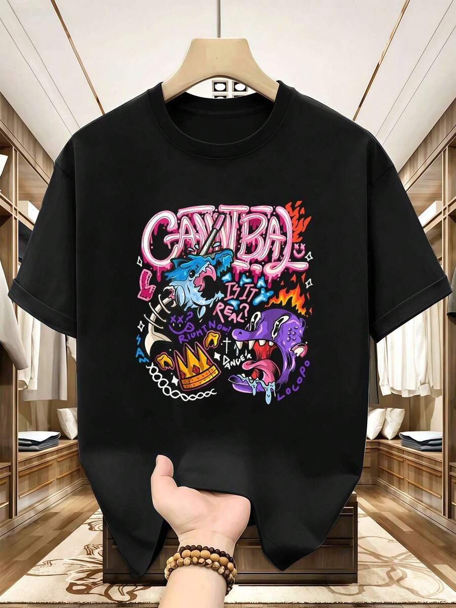 Herren-Streetwear-T-Shirt mit Grafikprint, Premium-Material, Street Hip-Hop, bequem, strapazierf?hig, auff?lliger Print - Schwarz - Übersicht 1