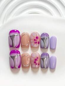 10片酷炫手工穿戴甲，Polygel美甲套組，手繪銀色線圈細節，紫色指甲油，復古風，附美甲工具，3種尺寸可選：方形、短方形、杏仁形，適合派對、跳舞、日常配戴 - 彩色 - 查看 13