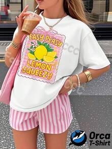 Y2K Personalized  Fashion Pure Cotton Women's T-Shirt, Loose Short-Sleeved Top, Street Style Elegance, Casual And Breathable For Everyday Wear, Creative Printed Summer Clothing, Outdoor Sports Gift. The Printed Pattern Features A Lemon Theme Design With The Words "EASY PEASY LEMON SQUEEZY" On It. The Colors Are Bright And Full Of Energy, Suitable For Summer Outfits, Vacation Outfits For Women, Summer Clothes, 4th Of July Outfits For Women - 白色 - 查看 1