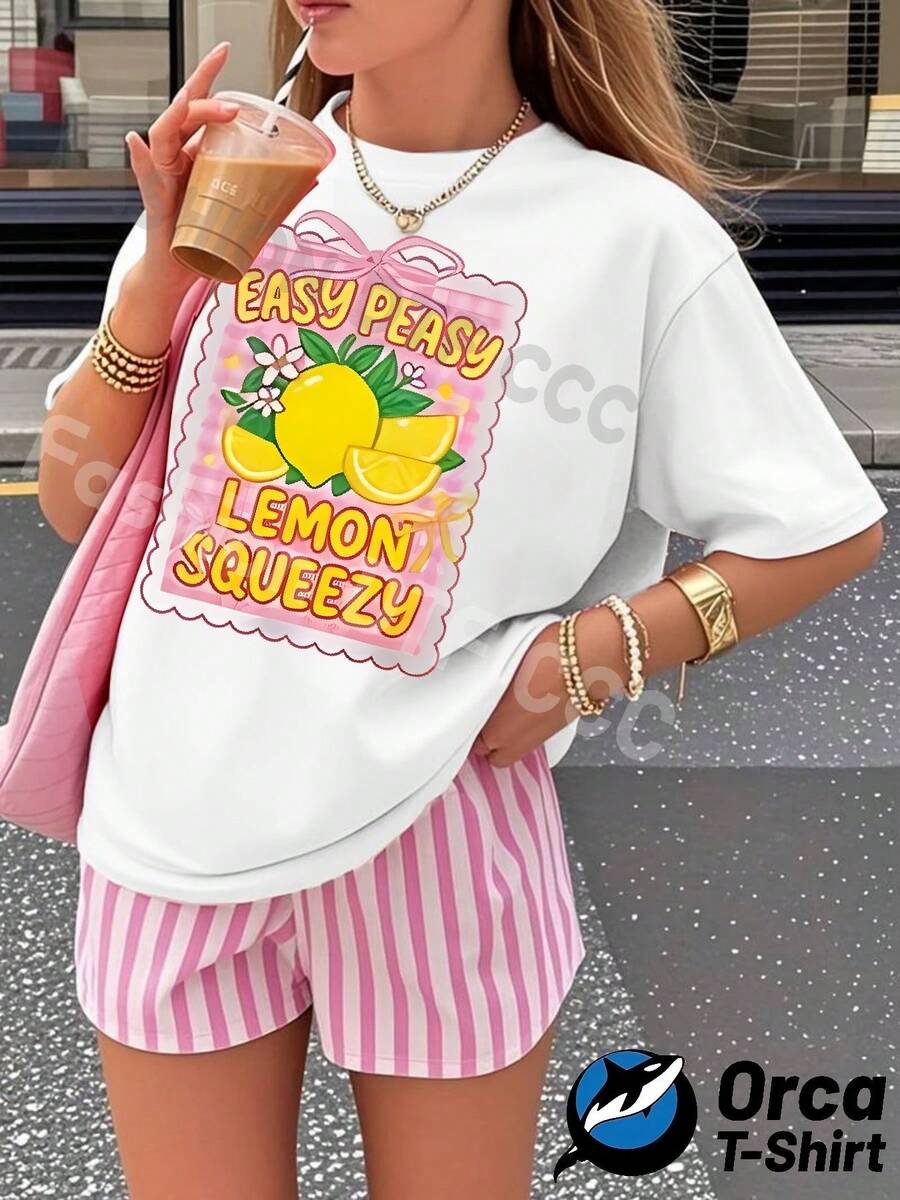 Y2K Personalized Fashion Pure Cotton Women's T-Shirt, Loose Short-Sleeved Top, Street Style Elegance, Casual And Breathable For Everyday Wear, Creative Printed Summer Clothing, Outdoor Sports Gift. The Printed Pattern Features A Lemon Theme Design With The Words "EASY PEASY LEMON SQUEEZY" On It. The Colors Are Bright And Full Of Energy, Suitable For Summer Outfits, Vacation Outfits For Women, Summer Clothes, 4th Of July Outfits For Women - 白色 - 查看 1