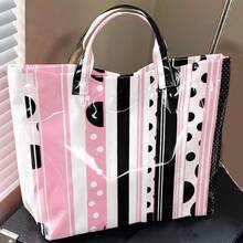 Striped & Polka Dot Print Tote Bag, Glossy PVC Waterproof Handbag, Retro Geometric Casual Shoulder Bag, Large Capacity Reusable Tote For Women, Work, Beach, Daily Shopping - 粉色 - 查看 11