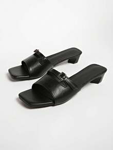 French Retro Open Toe Mule Sandals, Summer Slip-On Sandals, Thick Heel High Heels - Black - View 3